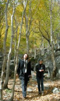 In the foreground two people are walking on a trail through the woods in autumn. Yellow leaves can be seen in the tree canopy and large rocks line the path in the background.