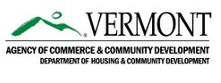 Vermont Agency of Commerce and Community Development logo showing their name and the State of Vermont green line depicting mountains and a circle for the sun 