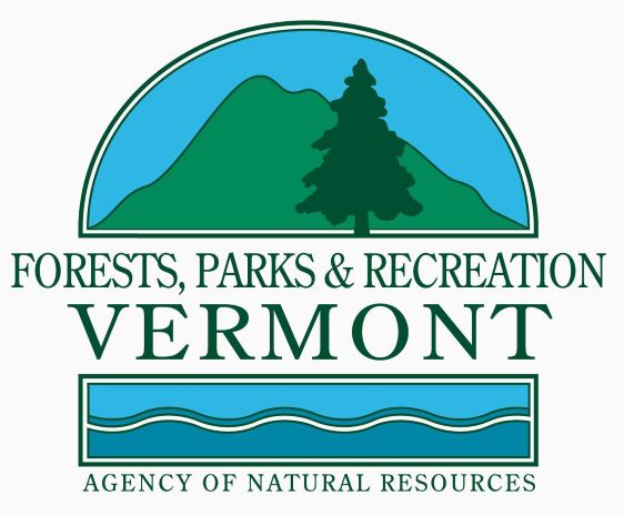 Vermont Department of Forests, Parks and Recreation logo showing a half circle filled with a mountain and pine tree, the department name, a horizontal rectangle filled with water and Agency of Natural Resources