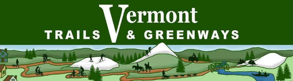 Vermont Trails and Greenways Council logo showing a landscape full of trails filled with people walking, riding bikes, dog sledding, snowmobiling, running, hiking and canoeing 