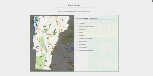 Park finder application image showing a map of Vermont with pins indicating state parks.