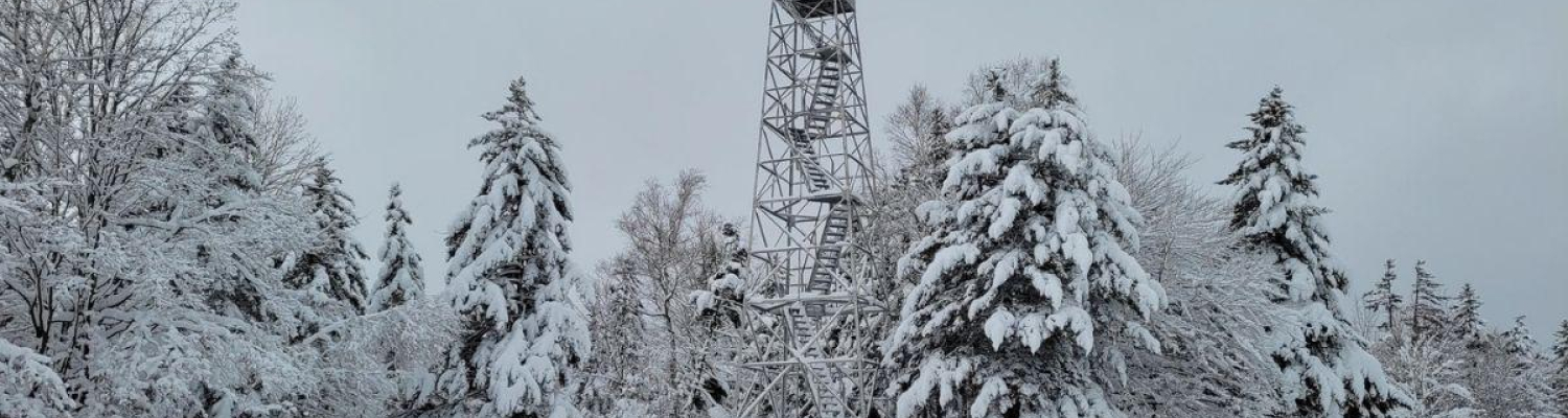 A winter hiker snowshoes up to a very snowy firetower at Allis State Park.